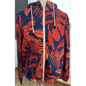 Blue Orange Tropical Floral Print Tommy Hilfiger Windbreaker Hooded Jacket Mens